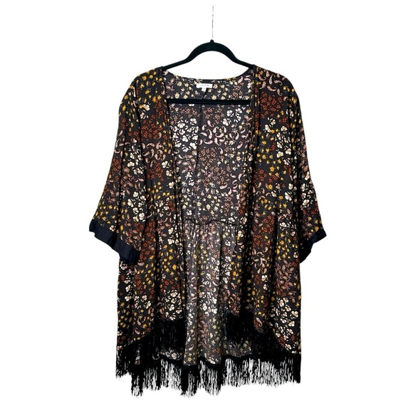 Maurices L Black Floral Print Fringe Kimono - Picture 1 of 7